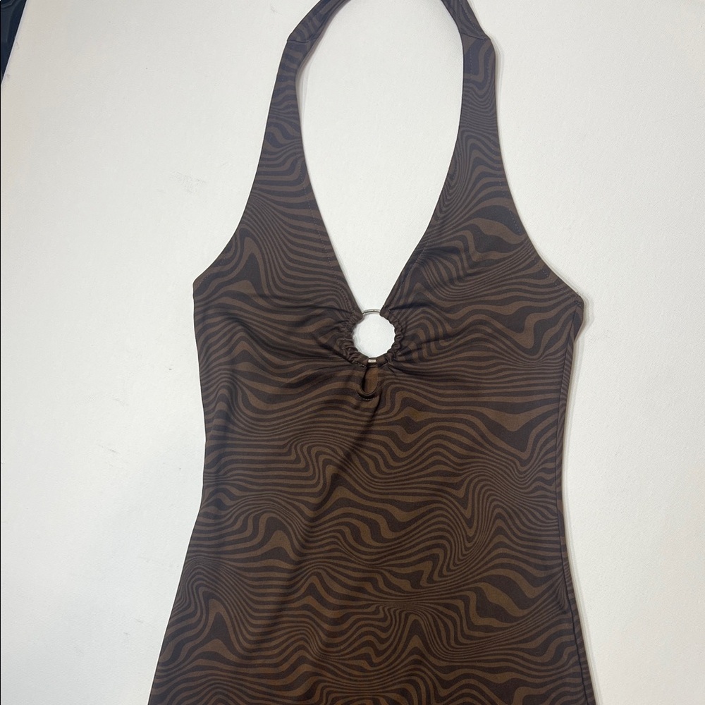 Divided Brown Swirl Halter Mini Dress - Picture 2 of 4